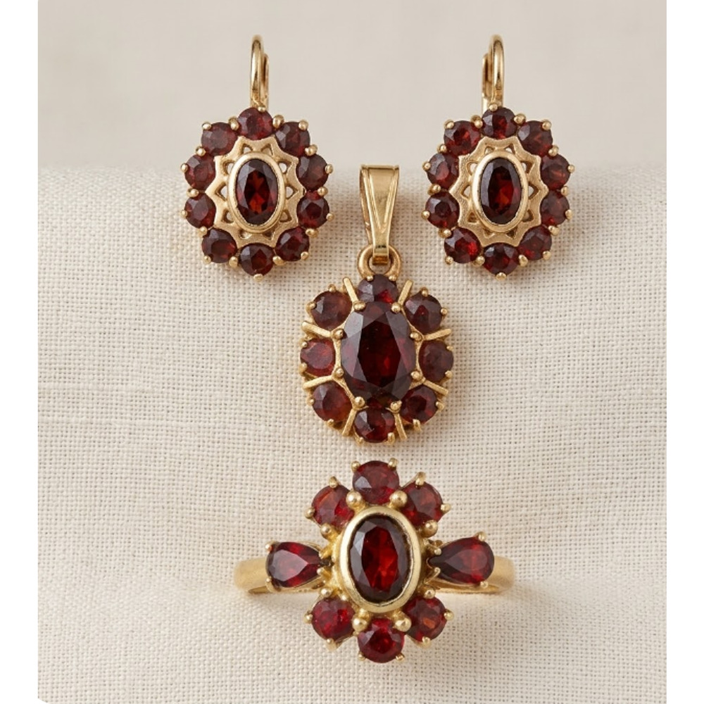 Granat Turnov Bohemian Garnet 18K 14K Gold Jewelry Set Czech G-Mark Suite